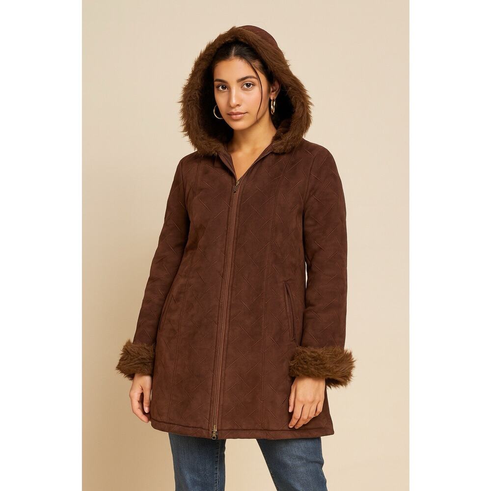 Y2K Faux Suede Fur Trim Hooded Coat Zip Up Women’s Medium 2000s VTG Brown Jacket - Picture 2 of 16
